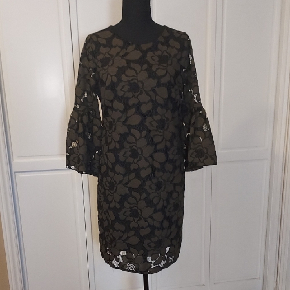 Olive Green Lace Dress Bell Sleeve Size 8 Petite Shift Dress